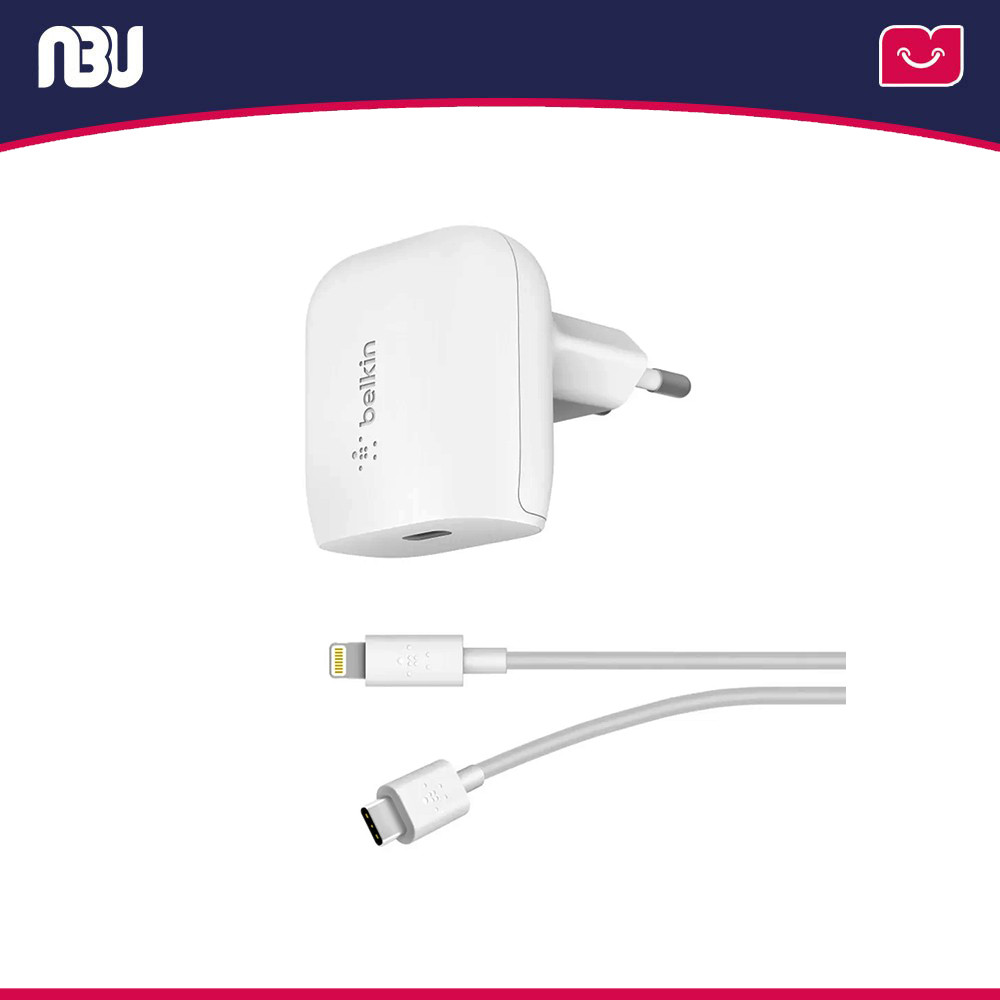 شارژر دیواری ۳۰ وات USB-C PD PPS بلکین مدل WCA005vf-B5 به همراه کابل لایتنینگ