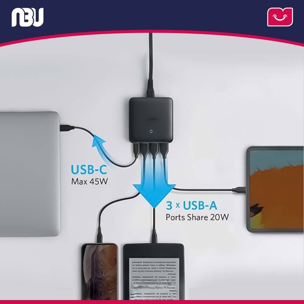 هاب شارژ 4 پورت 65 وات انکرمدل Atom III Slim  کد A2045L11